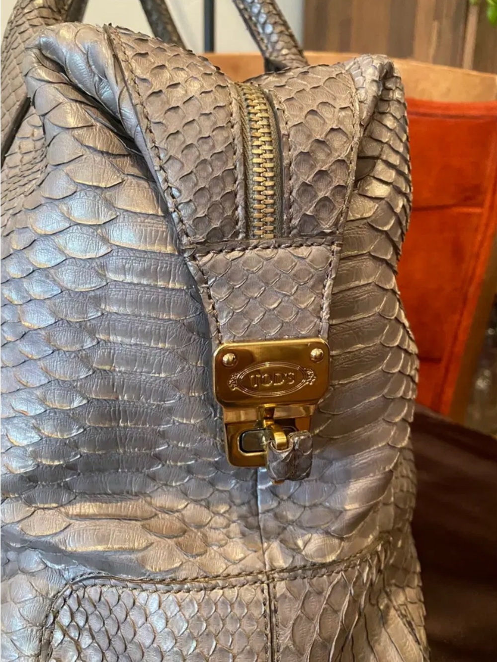 TOD'S Silver-Gray Python Leather Tote - Picture 3 of 10